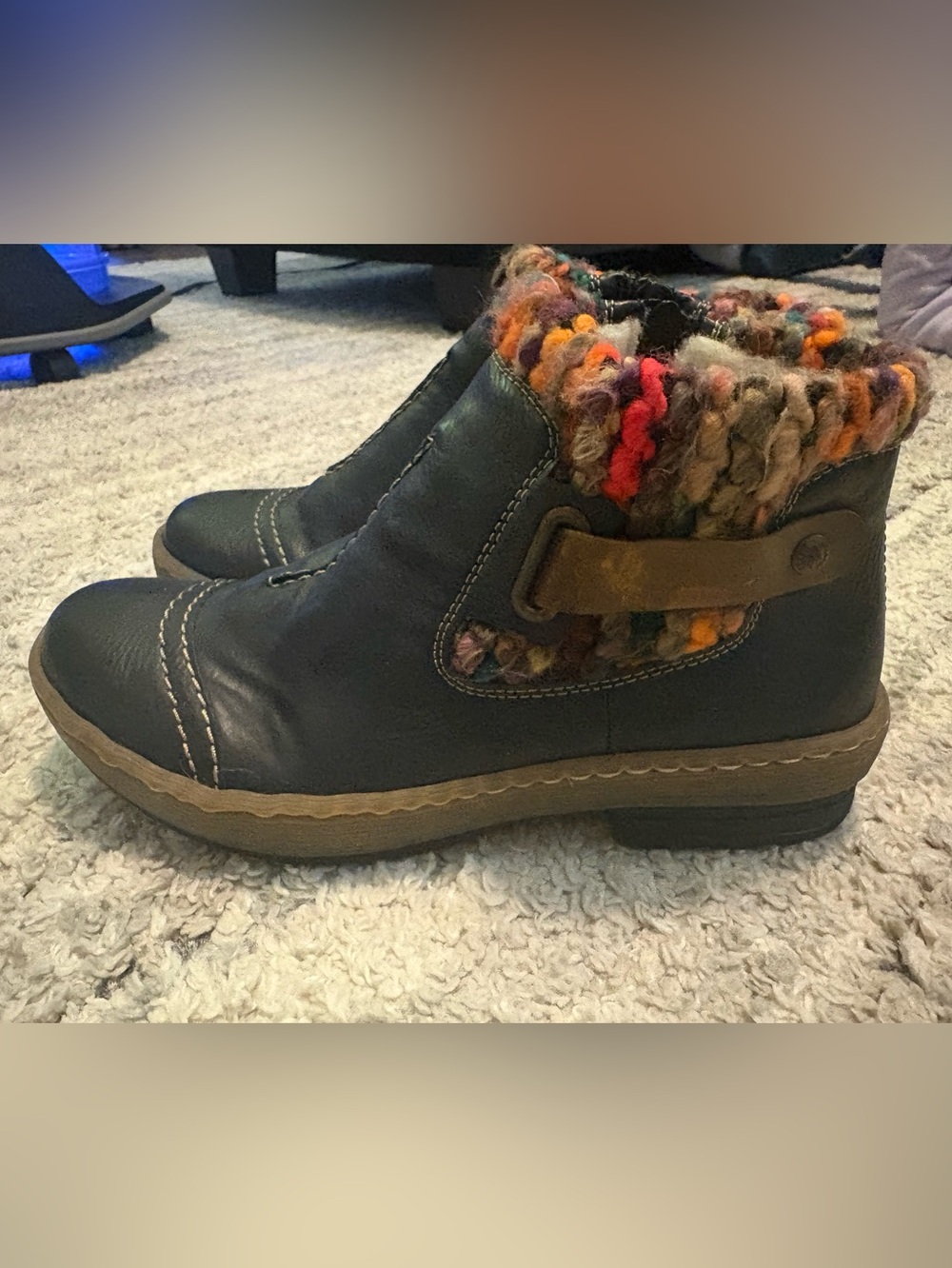 Rieker Black Women’s Ankle Boots with Multicolor Knit Cuff